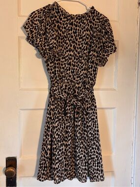 LOFT Leopard-Print Tie Waist Dress in Beige and Black